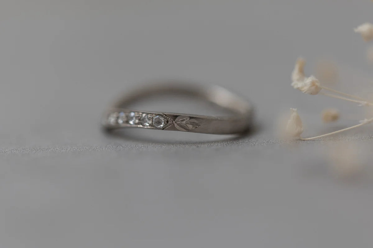 leaf engraving detail platinum diamond wishbone ring
