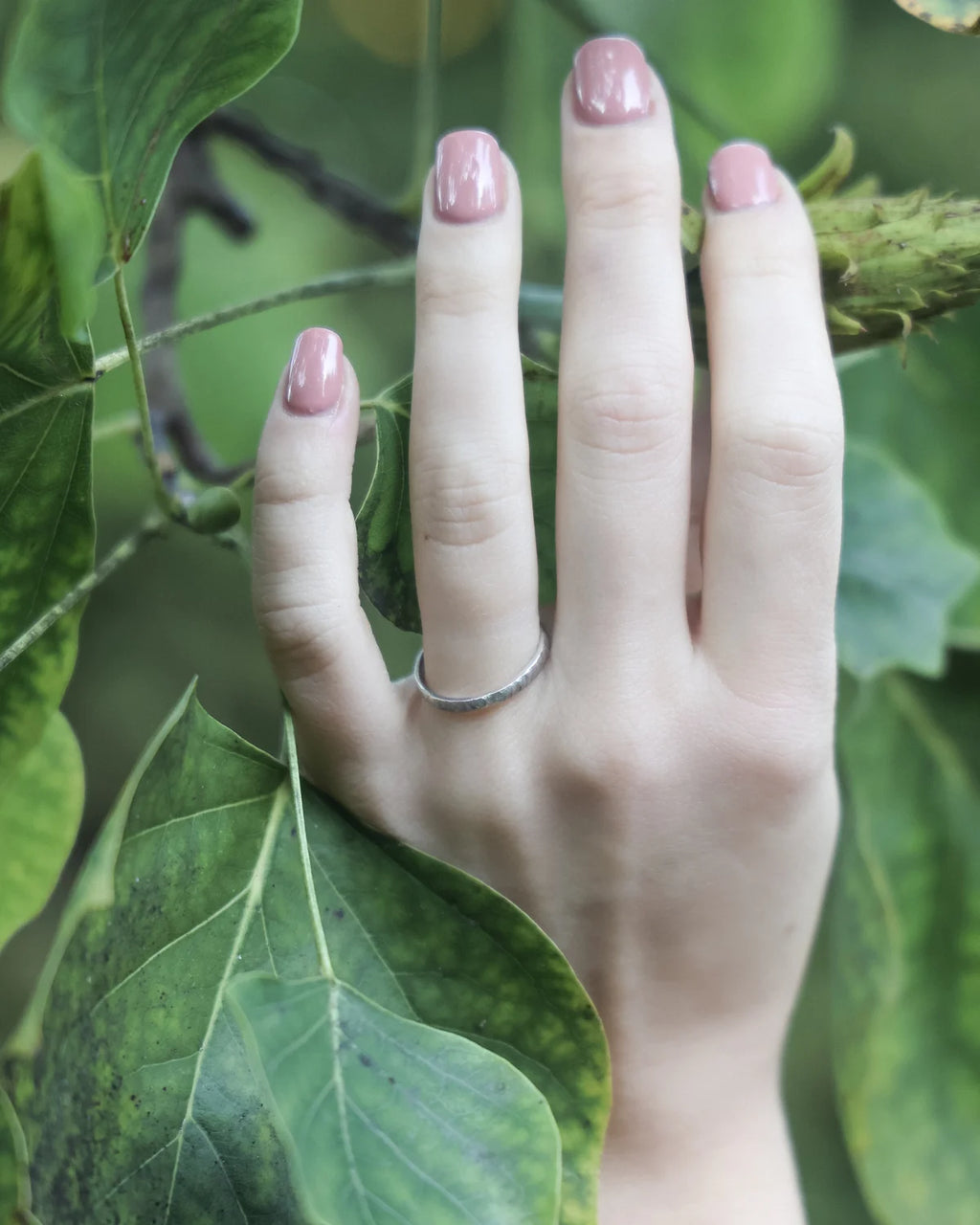 textured platinum ring worn on hand 2mm organic band
