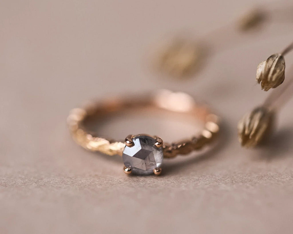 One-of-a-kind pale grey rose-cut diamond ring with carved laurel leaf band in 18ct rose gold