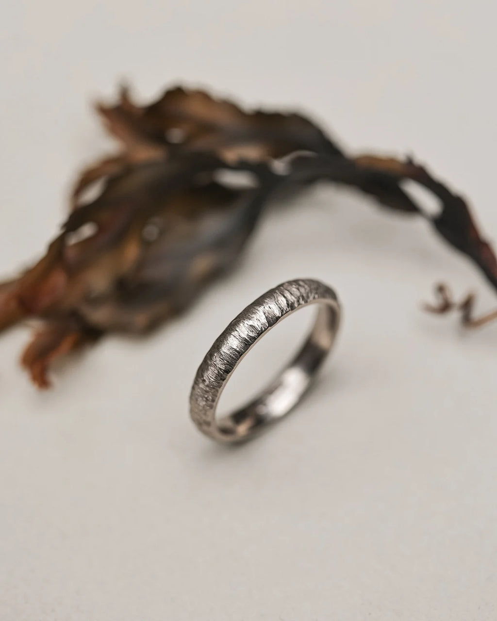 horn texture detail white gold wedding ring 4mm band