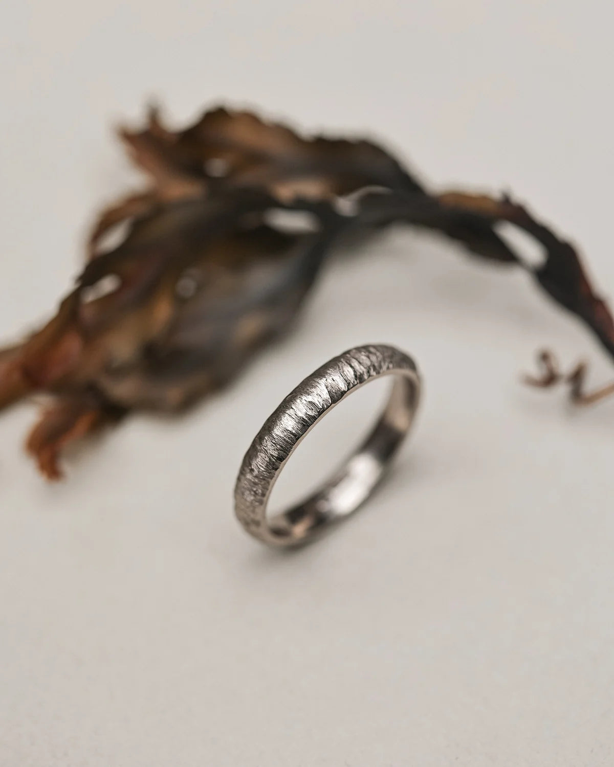 horn texture detail white gold wedding ring 4mm band
