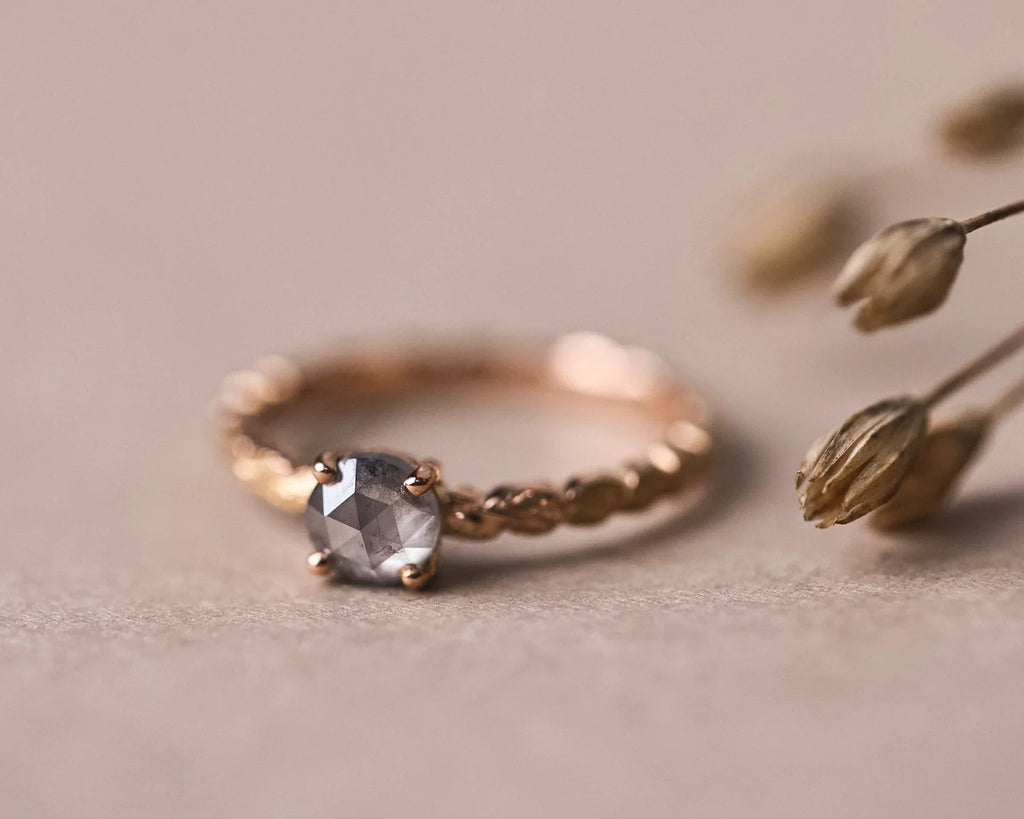 One-of-a-Kind Pale Grey Rose-Cut Diamond Laurel Leaf Ring in 18ct Rose Gold