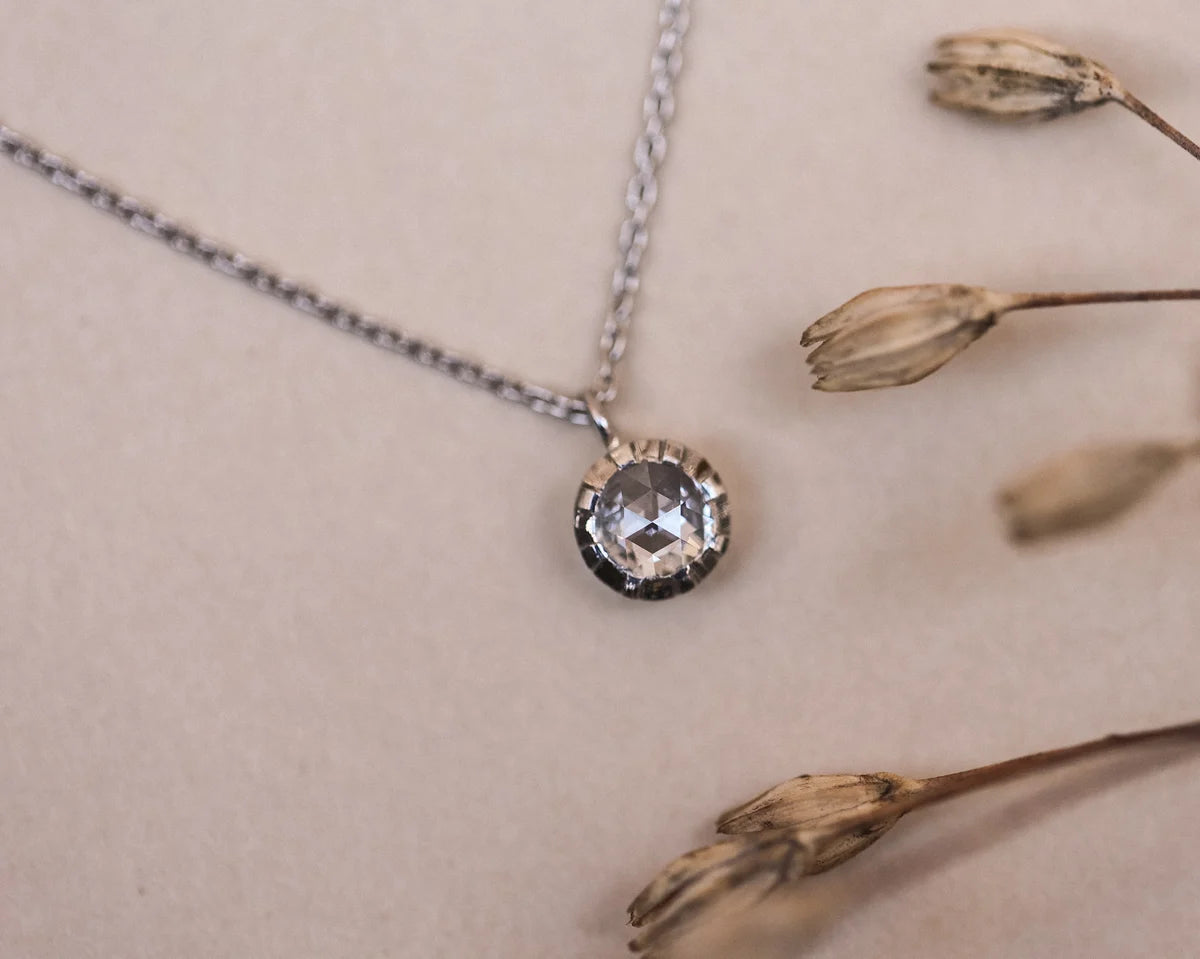 close up rose cut diamond 4mm platinum necklace detail
