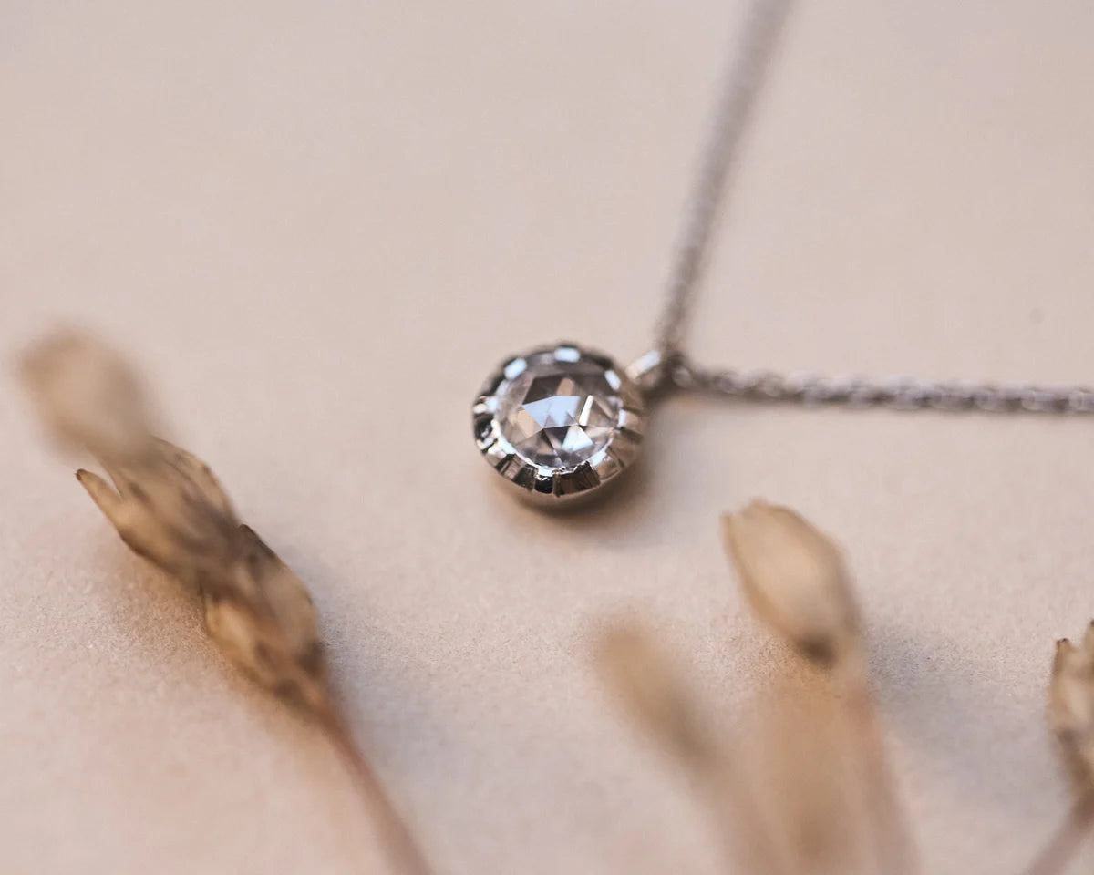 Close-up of a diamond necklace on a neutral background
