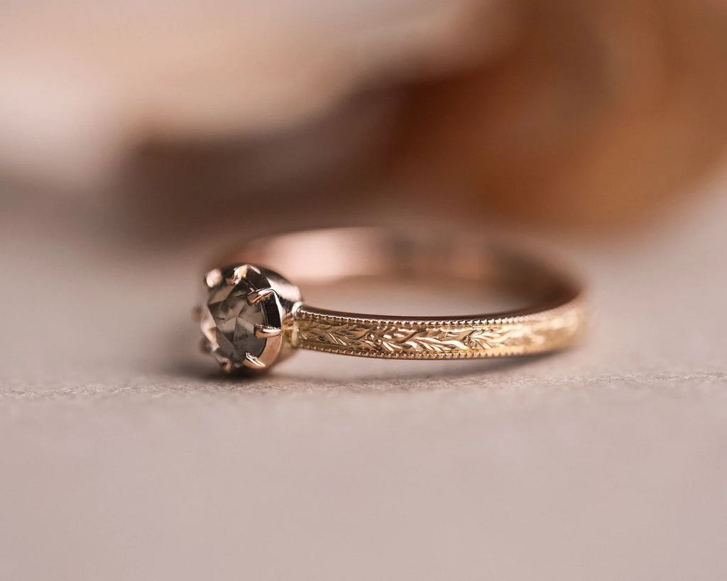 Front view of brown-grey rose-cut diamond ring in 18ct rose gold
