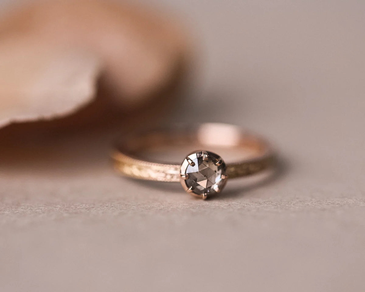 One-of-a-kind brown-grey rose-cut diamond laurel ring in 18ct rose gold