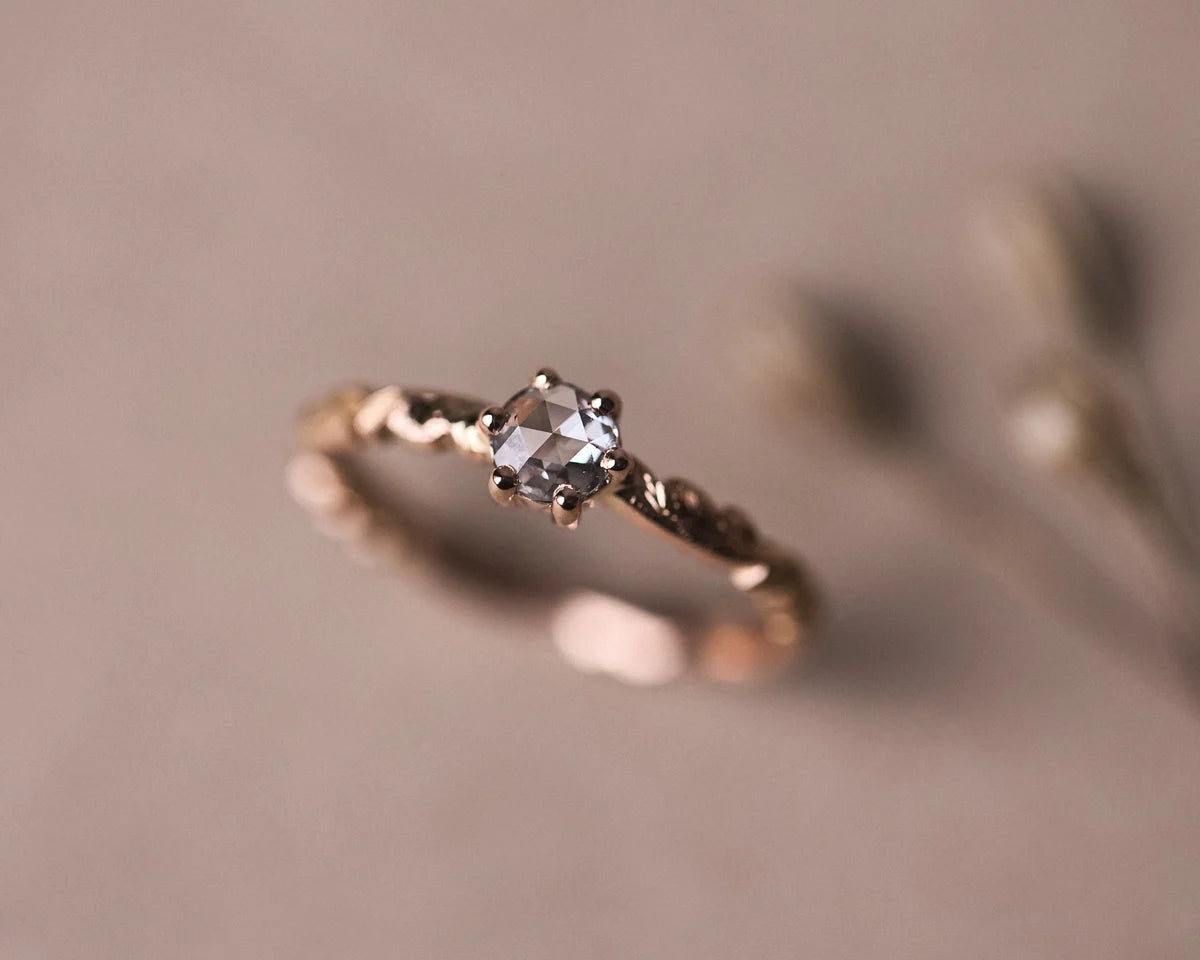 One-of-a-kind rose-cut diamond floral carved ring in 18ct rose gold