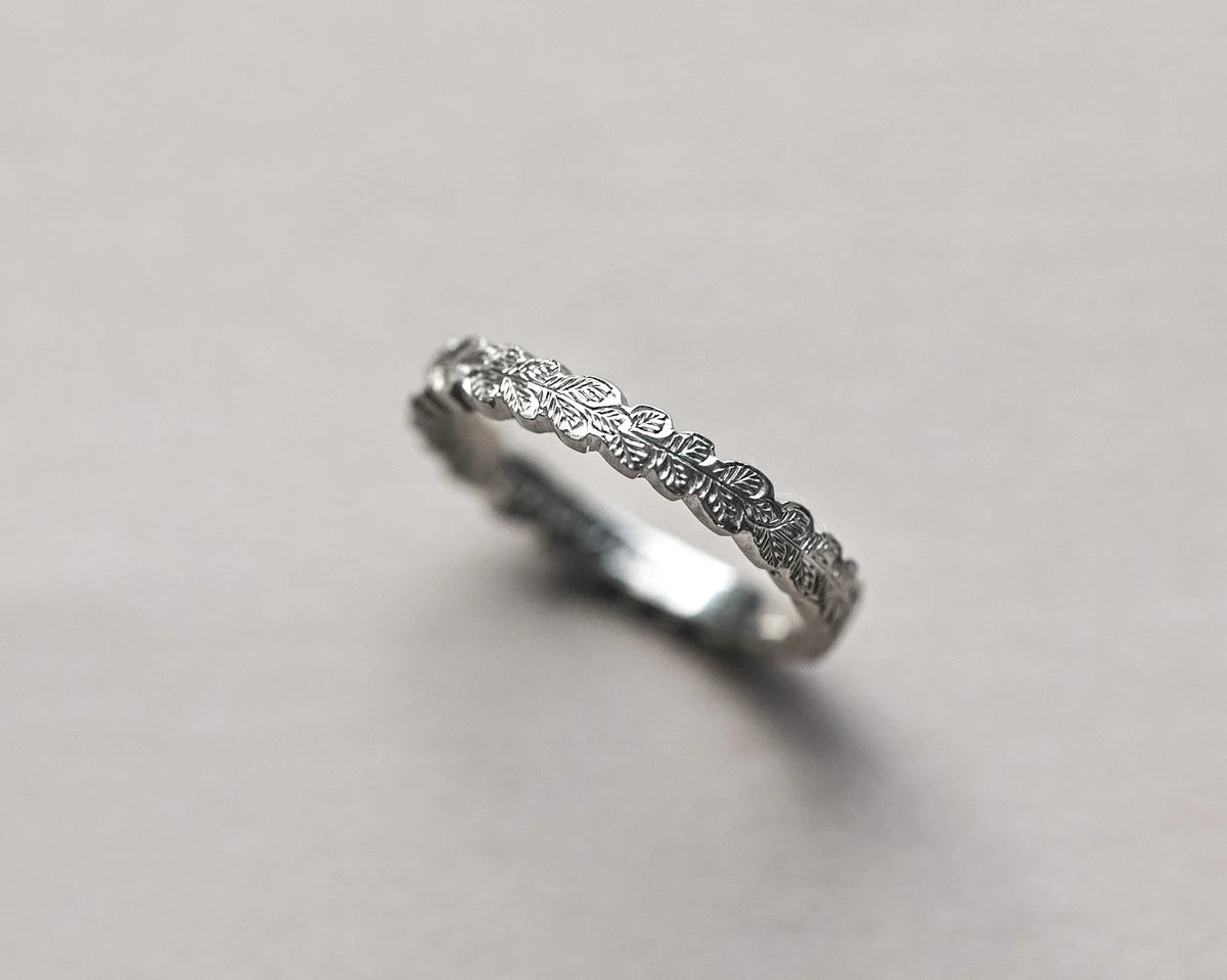 3mm platinum oak leaf wedding ring flat court carved band
