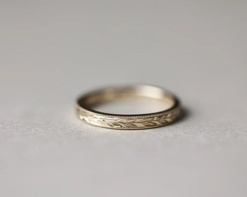 2.5mm 18ct yellow gold wedding ring olive leaf engraved milled edge band
