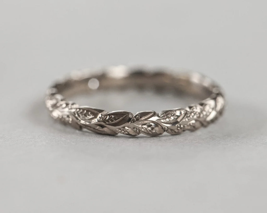 white gold wedding band 3mm laurel leaf engraving minimalist ring