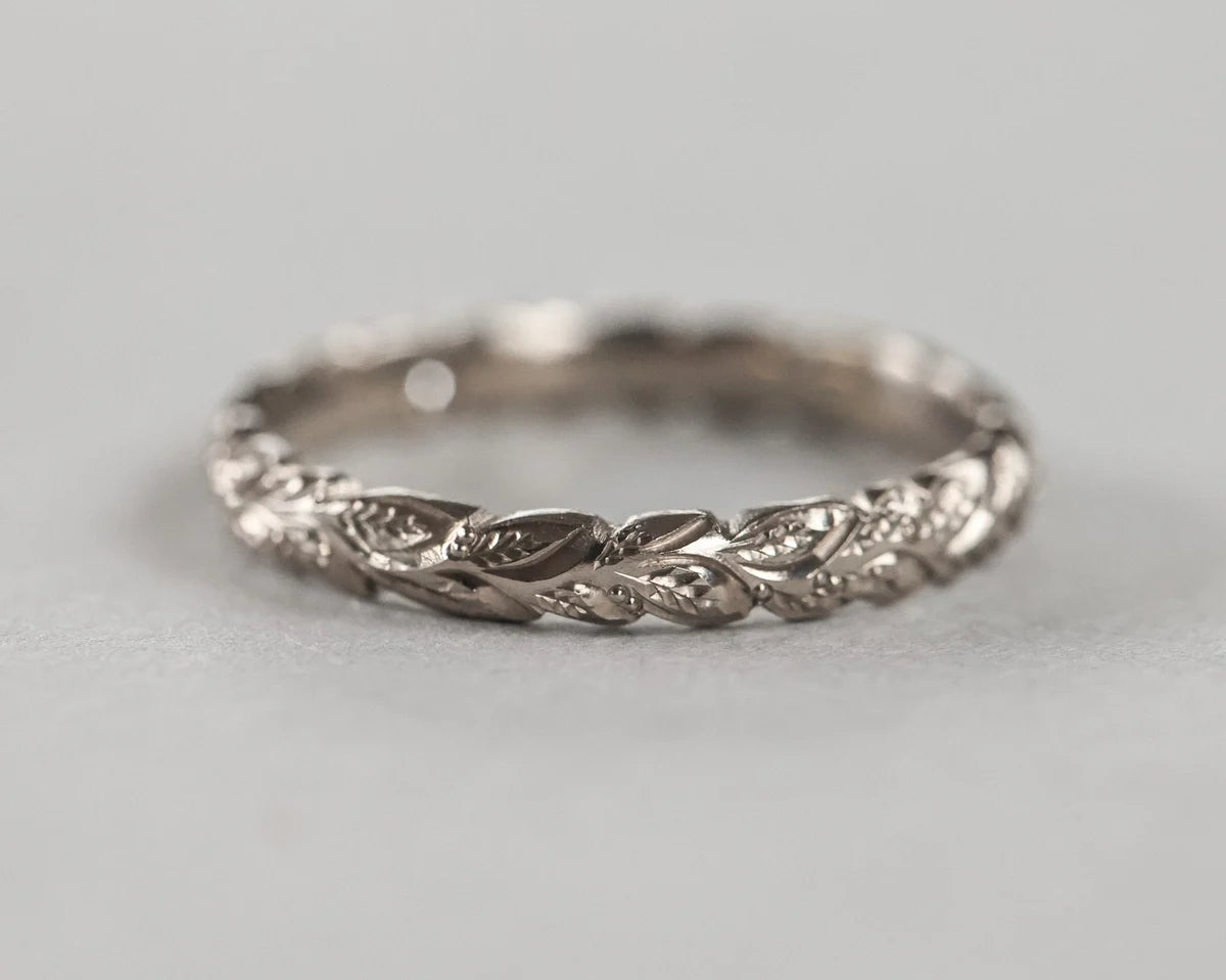 white gold wedding band 3mm laurel leaf engraving minimalist ring