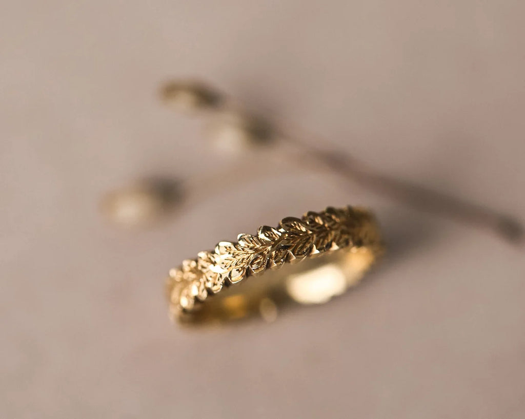 wide gold wedding band 4mm oak leaf engraving textured ring
