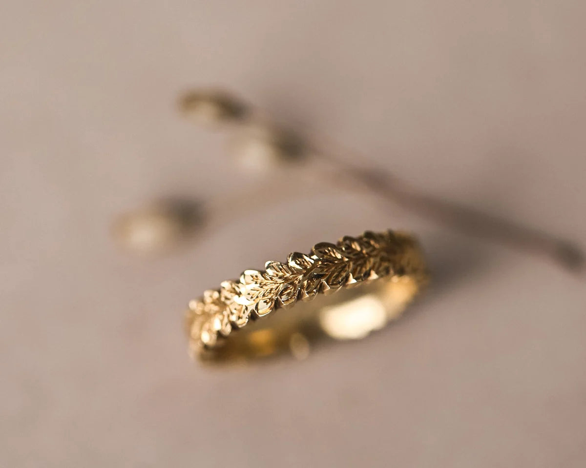 wide gold wedding band 4mm oak leaf engraving textured ring