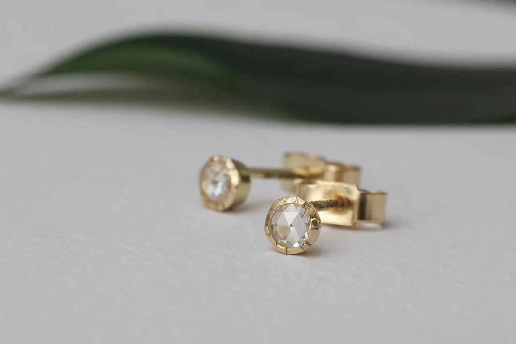 3mm rose cut diamond detail stud earrings gold