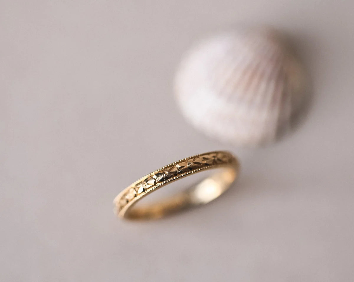 orange blossom engraving detail wedding ring 18ct gold