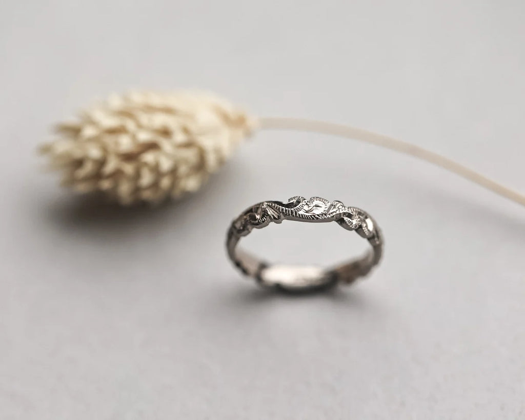 3mm 18ct white gold wedding ring floral carved band textured finish