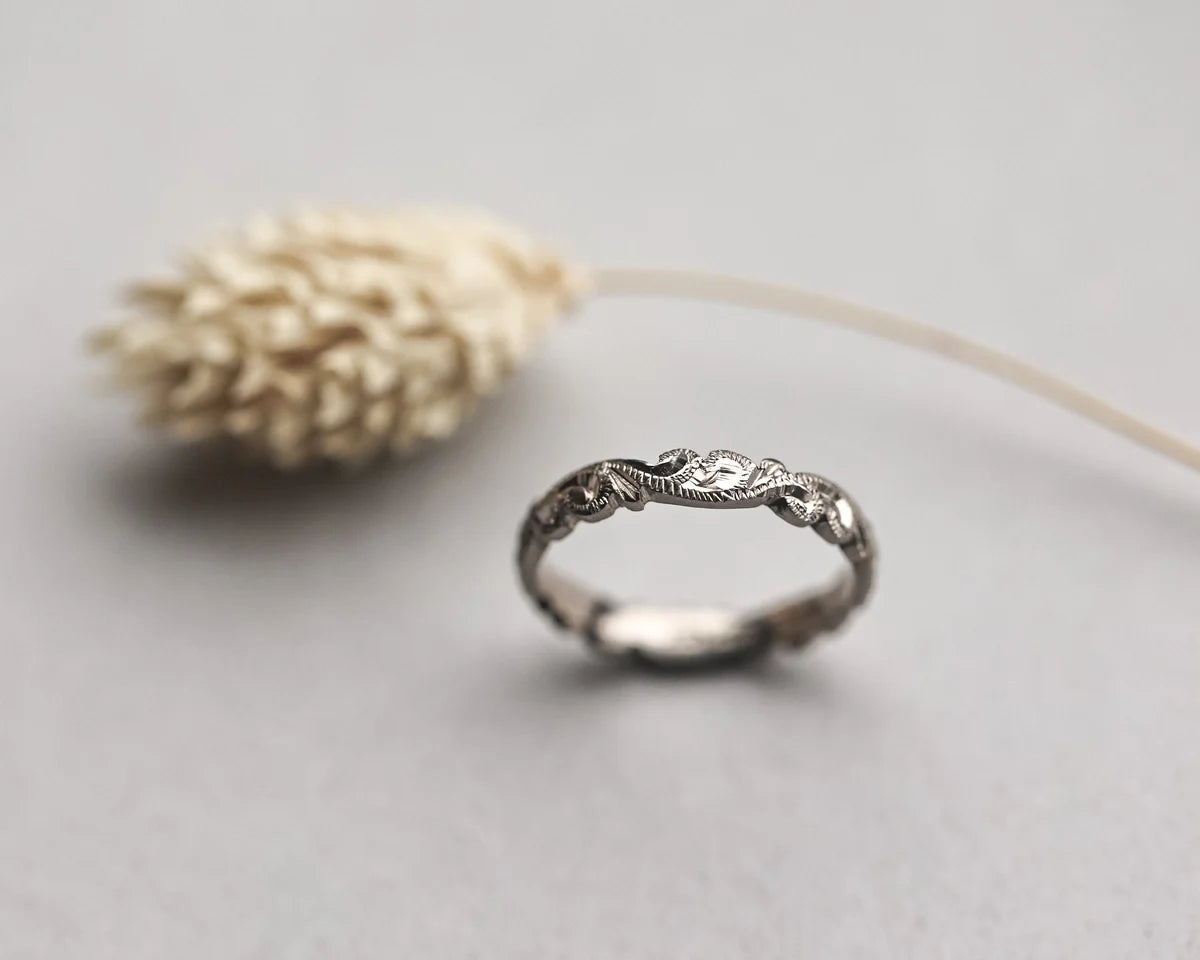 3mm 18ct white gold wedding ring floral carved band textured finish
