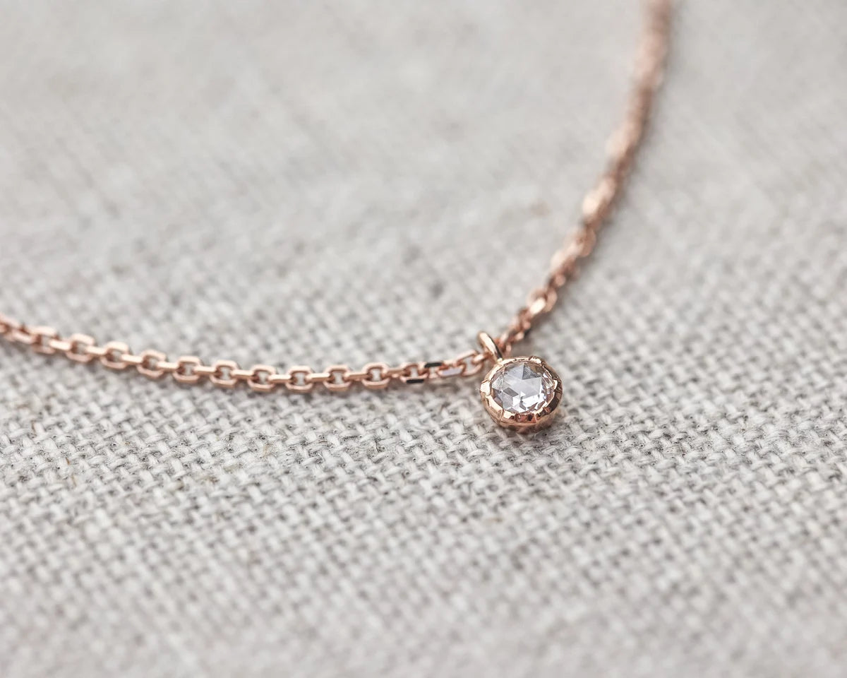 3mm rose cut diamond pendant detail rose gold necklace