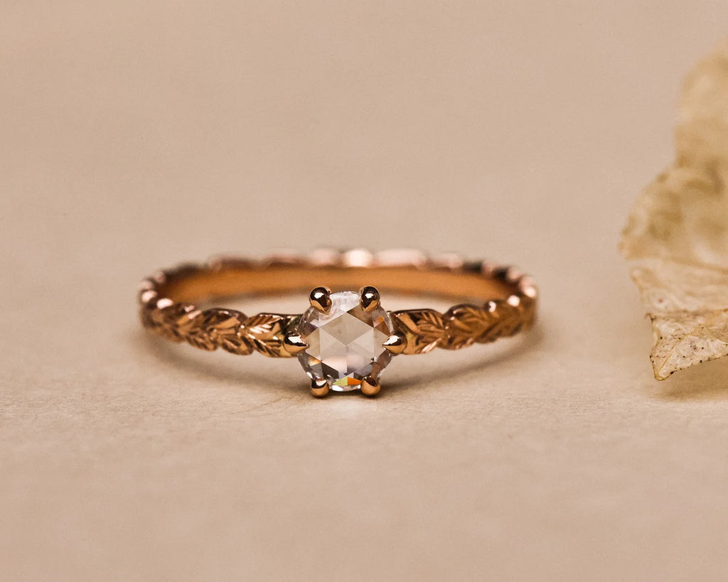 18ct rose gold rose-cut diamond laurel leaf ring