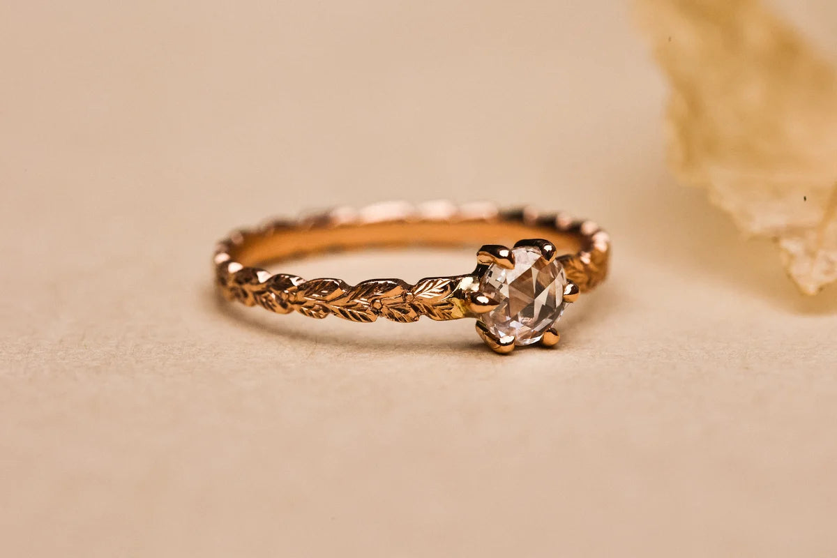 18ct rose gold laurel leaf diamond ring