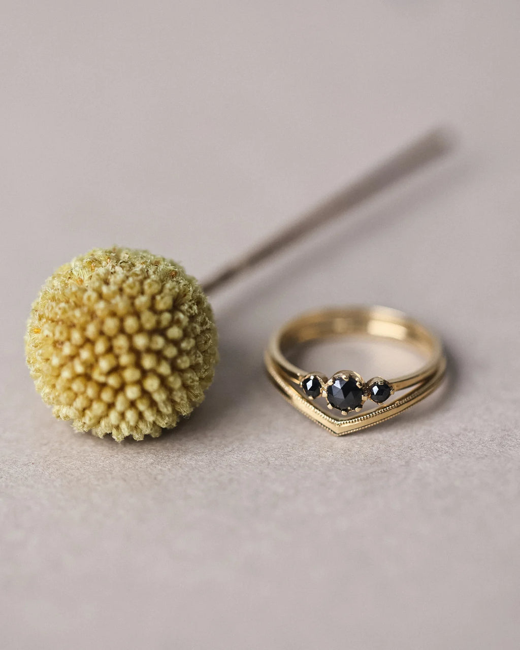 One-of-a-Kind Black Rose-Cut Diamond Trilogy Ring in 18ct Gold