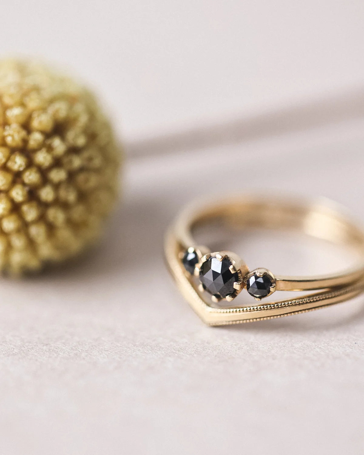One-of-a-Kind Black Rose-Cut Diamond Trilogy Ring in 18ct Gold