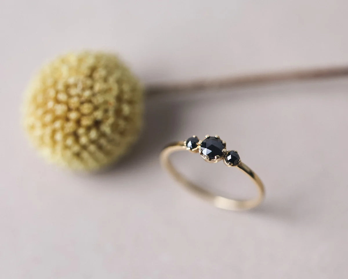 One-of-a-Kind Black Rose-Cut Diamond Trilogy Ring in 18ct Gold