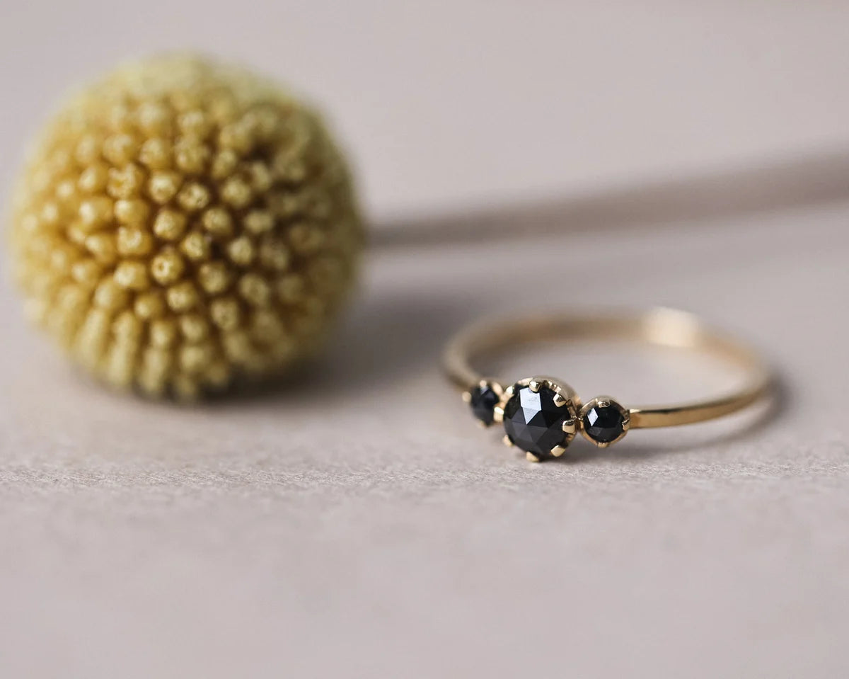 black rose cut diamond trilogy ring 18ct gold one of a kind handmade