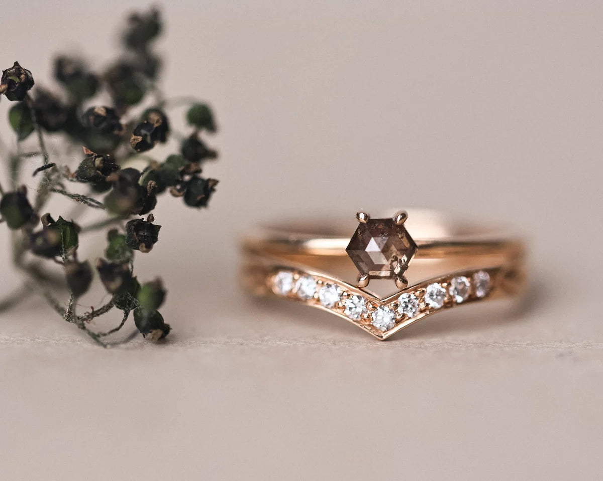 brown grey hexagonal diamond detail rose gold ring