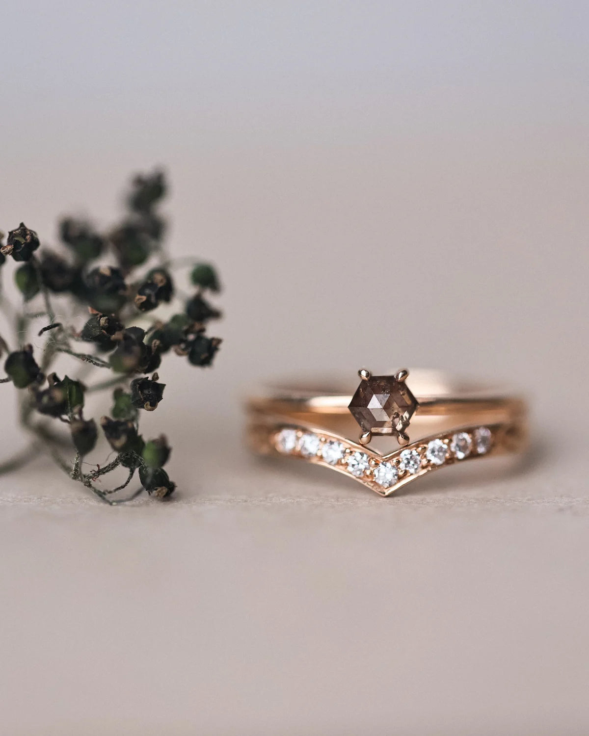 iamond wishbone ring leaf detail 18ct rose gold 2mm millgrain handmade