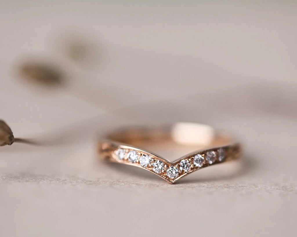diamond wishbone ring leaf detail 18ct rose gold 2mm millgrain handmade