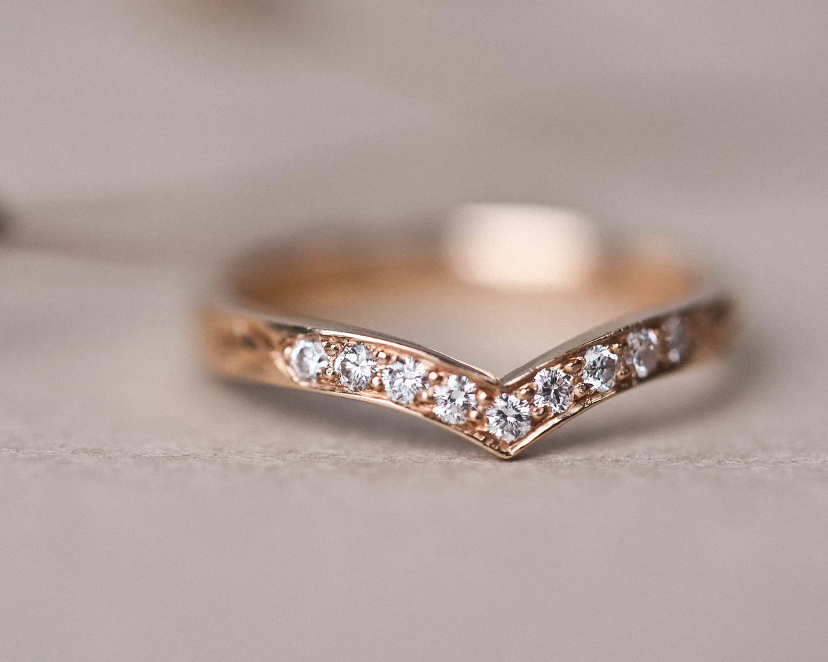 diamond wishbone ring leaf detail 18ct rose gold 2mm millgrain handmade