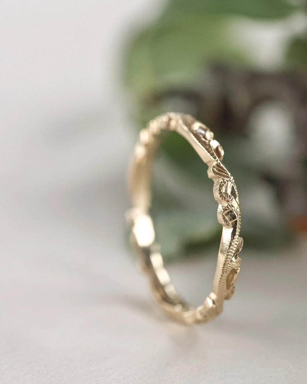 fine 2mm gold band engraved floral ring side view