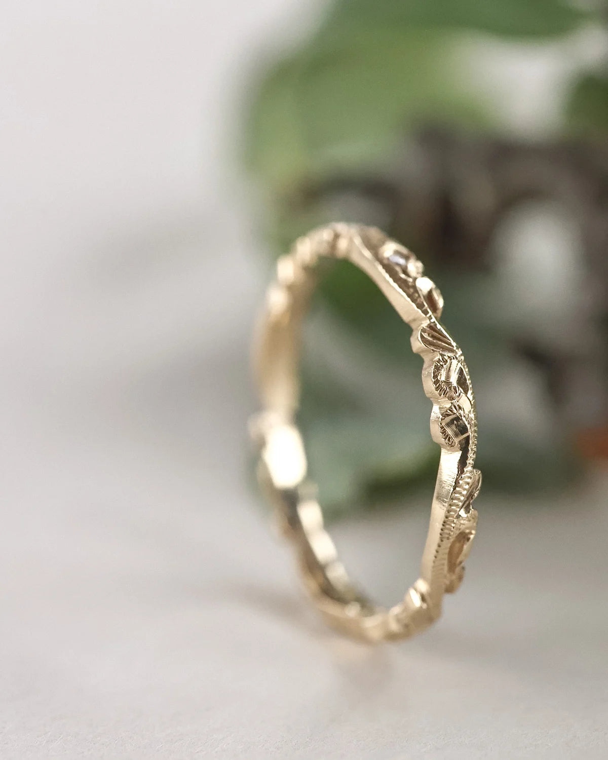 fine 2mm gold band engraved floral ring side view