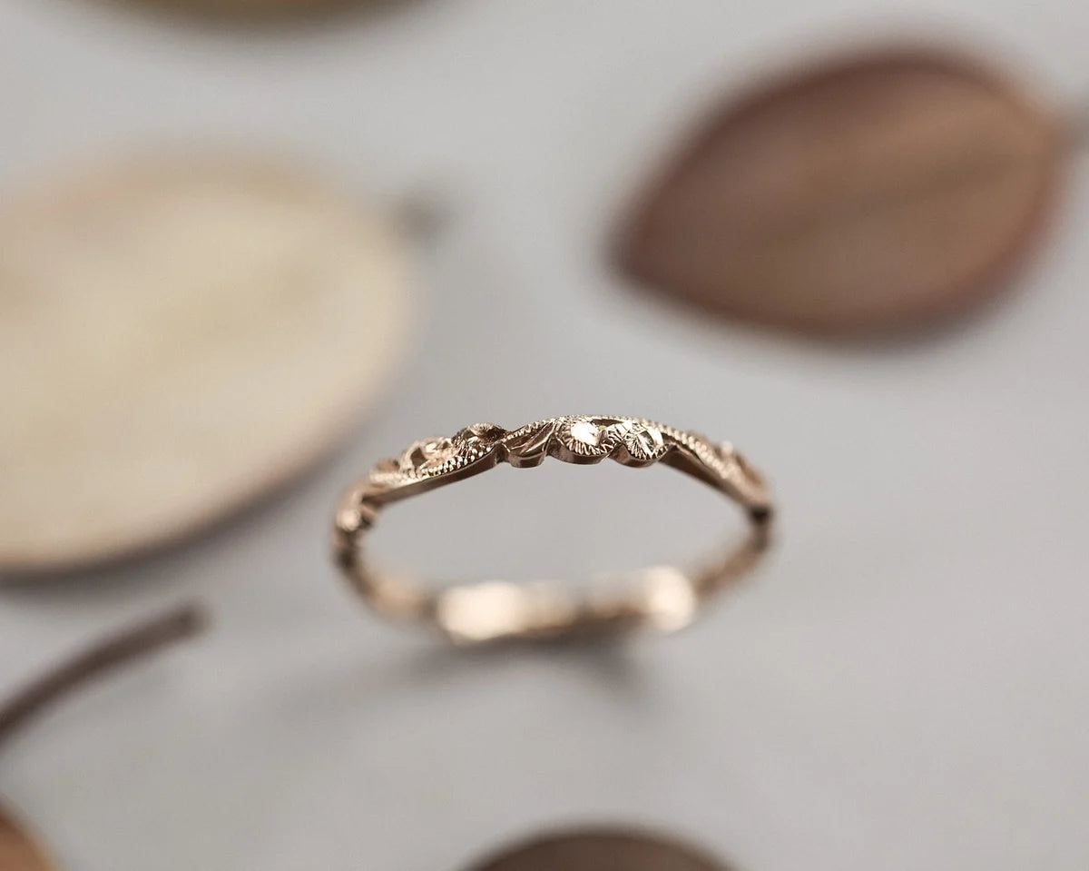 floral carving detail rose gold wedding ring 2mm band
