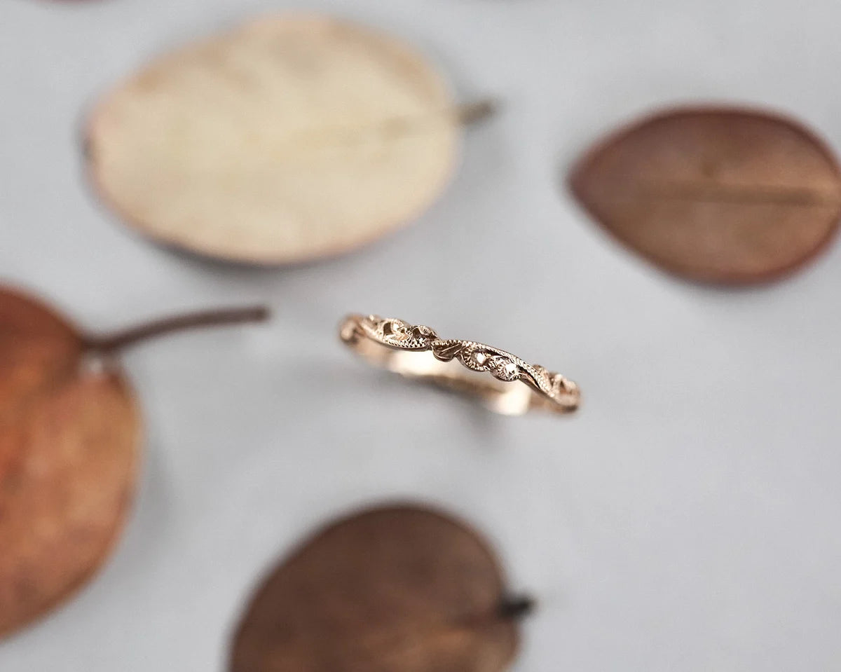 floral carved wedding ring 18ct rose gold 2mm handmade London