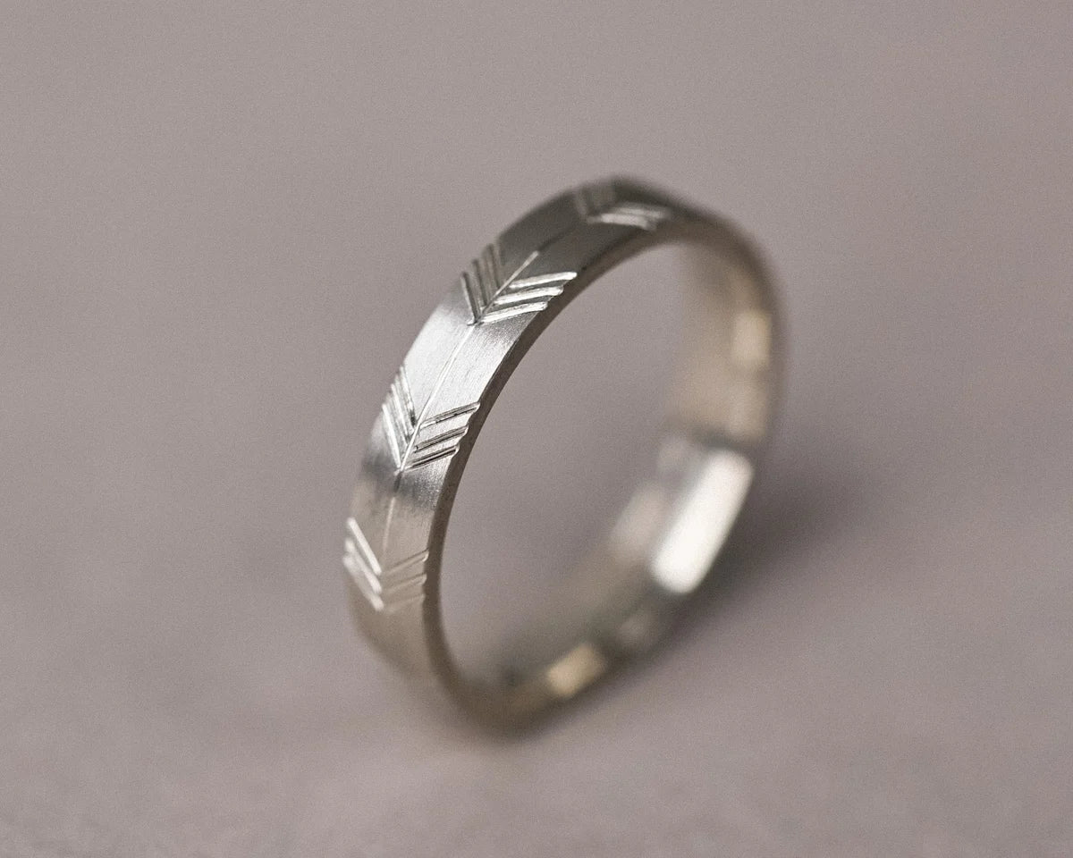 white gold wedding band 4mm japanese arrow pattern engraved ring