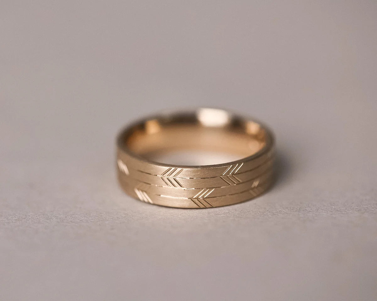 repeating double arrow pattern detail gold wedding ring