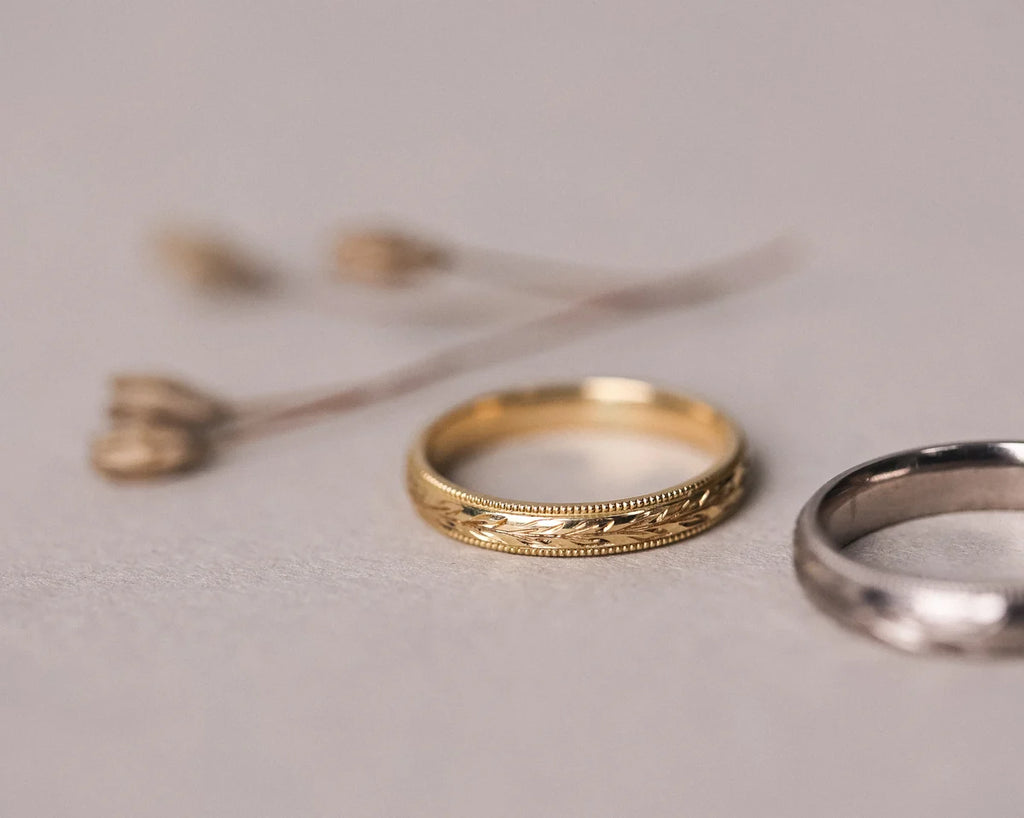 olive leaf engraving detail wedding ring 18ct yellow gold
