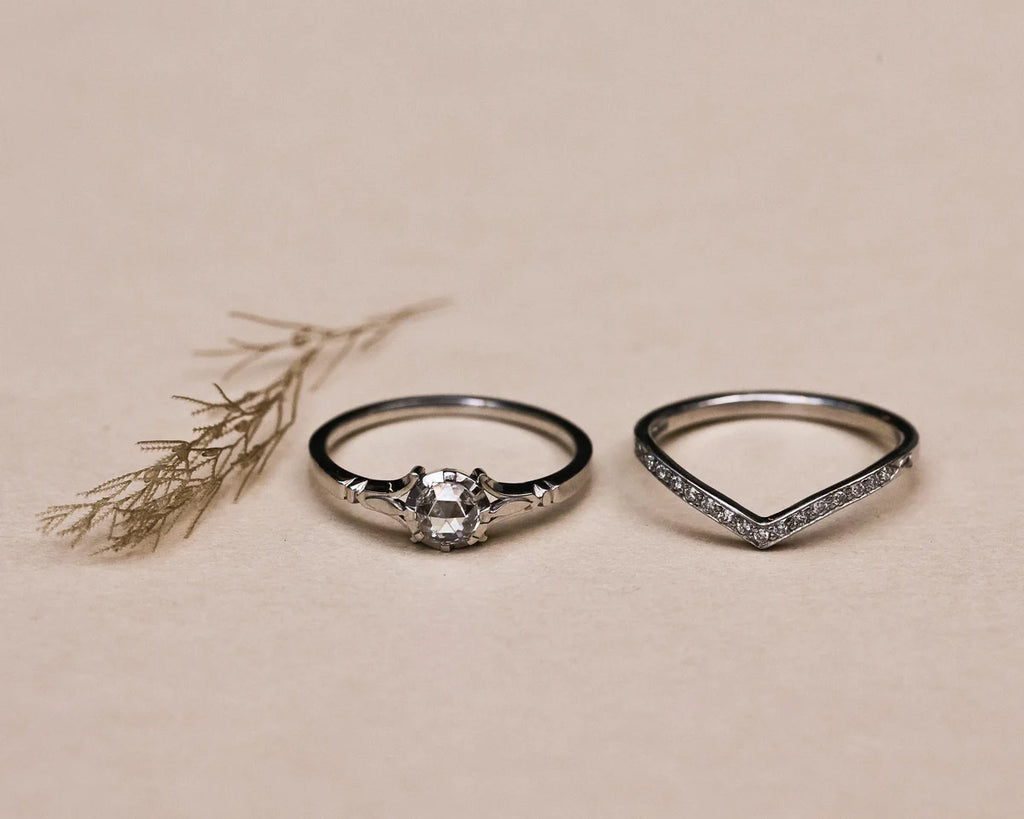 Two silver rings displayed on a beige background, one with a central clear gemstone and the other with a chevron-shaped pavé band, styled with a dried sprig.