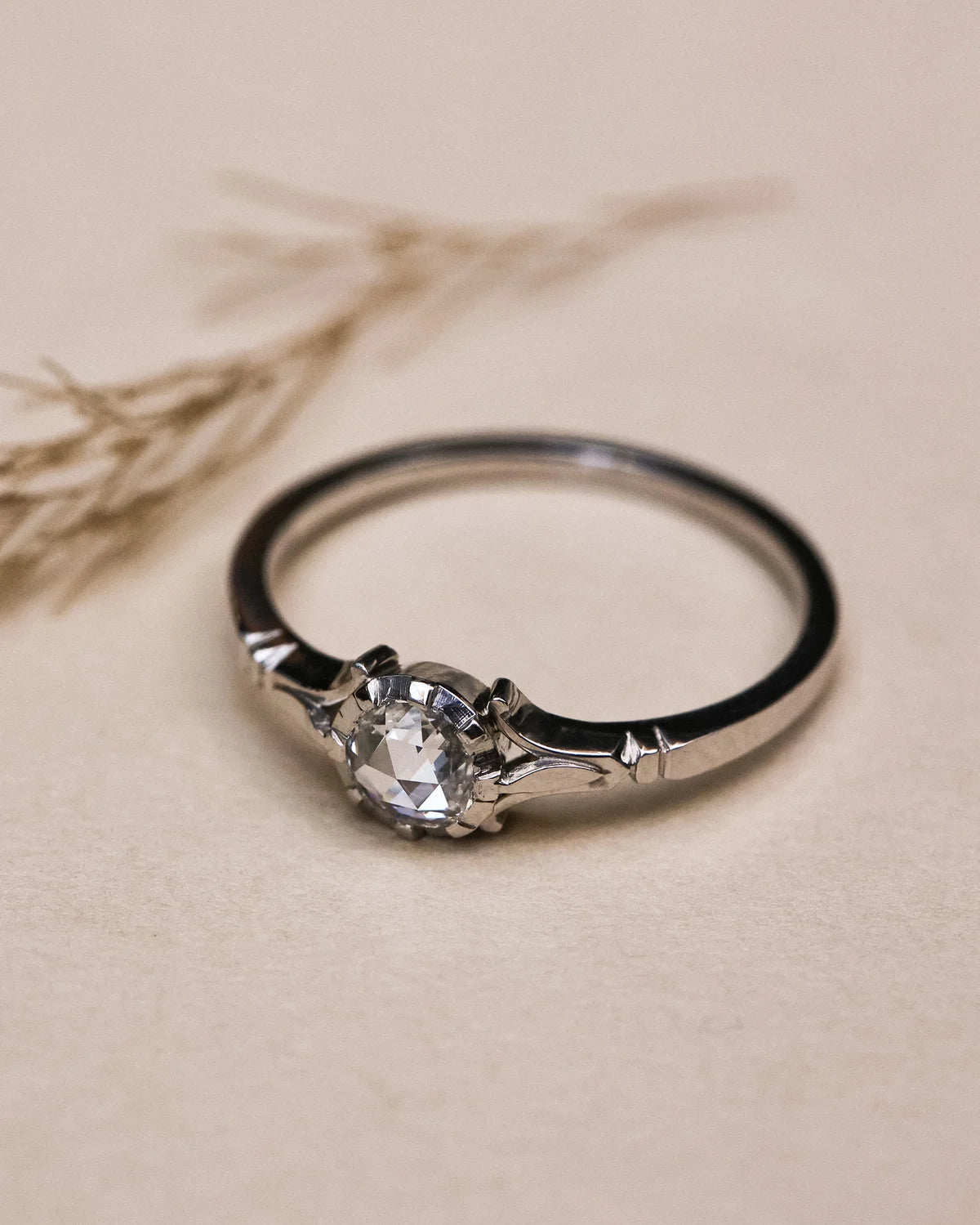 A silver solitaire ring with a clear faceted gemstone, resting on a textured beige surface with dried grass in the background.