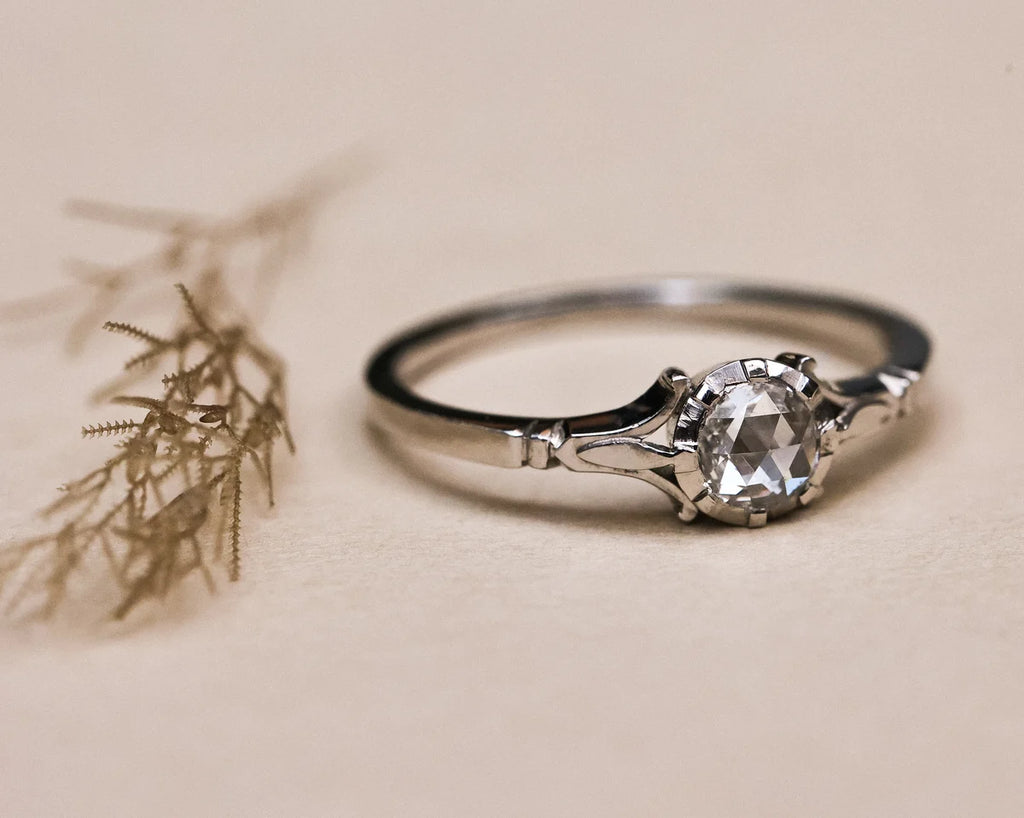 A silver solitaire ring with a round-cut clear gemstone, resting on a textured beige surface next to dried botanical stems.