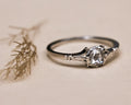 A silver solitaire ring with a round-cut clear gemstone, resting on a textured beige surface next to dried botanical stems.