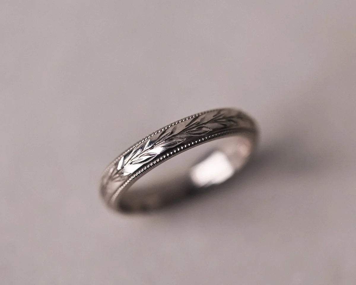 4mm olive leaf and milled edge wedding ring in 18ct white gold