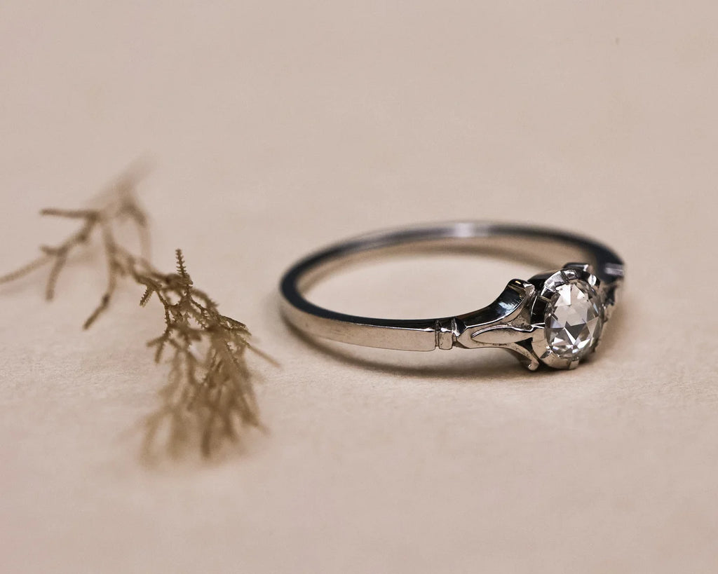 A silver-toned solitaire ring with a clear faceted gemstone, resting on a textured beige surface next to a dried sprig.