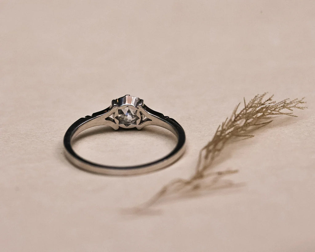 A silver-toned solitaire ring with a clear gemstone, resting on a textured beige surface next to a dried grass sprig.
