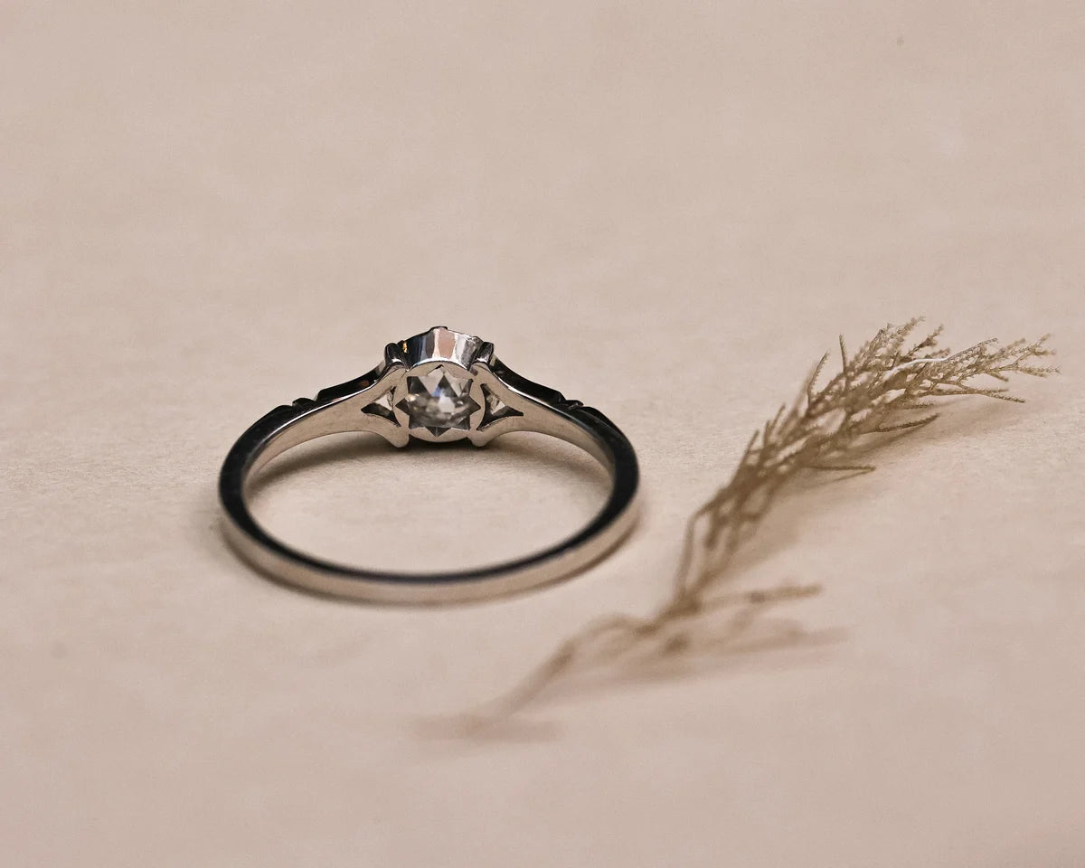 A silver-toned solitaire ring with a clear gemstone, resting on a textured beige surface next to a dried grass sprig.