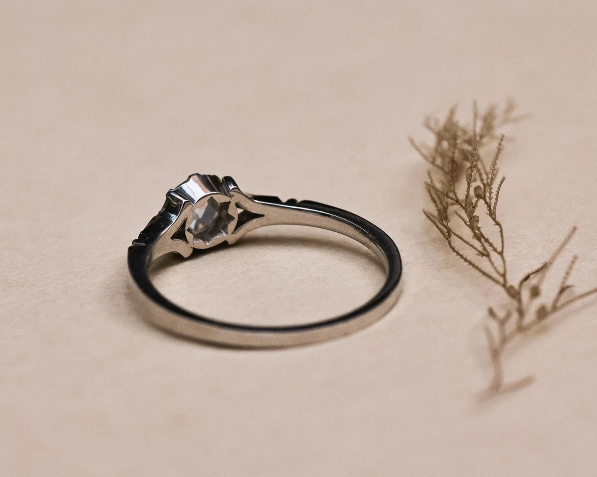 A silver-toned ring with a starburst cluster setting and a clear central gemstone, resting on a textured beige surface next to dried botanical stems.