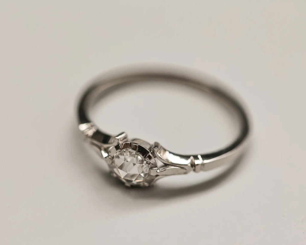 fleur de lys engraving detail platinum ring band