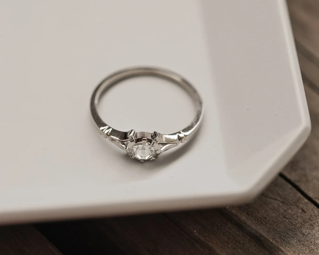 engraved fleur de lys detail slim platinum band